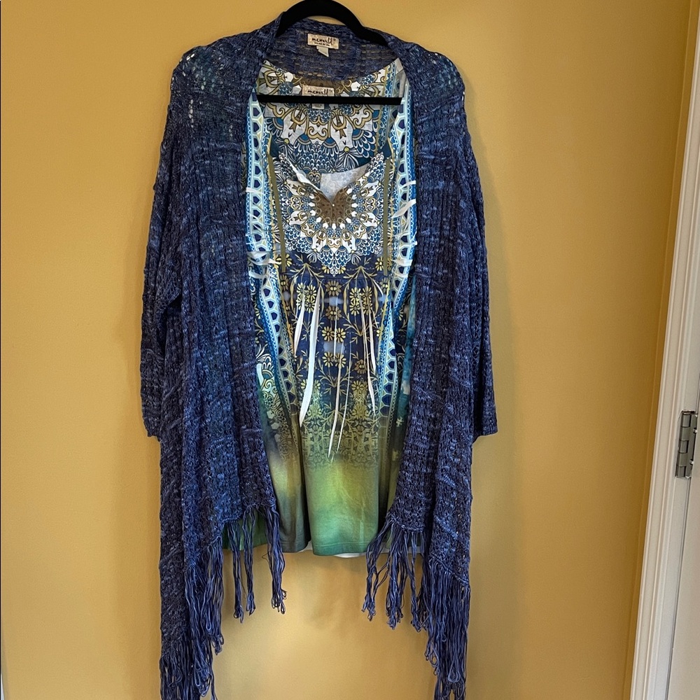 Blue Fringe Cardigan with Multicolored V Neck Top 2 pieces
